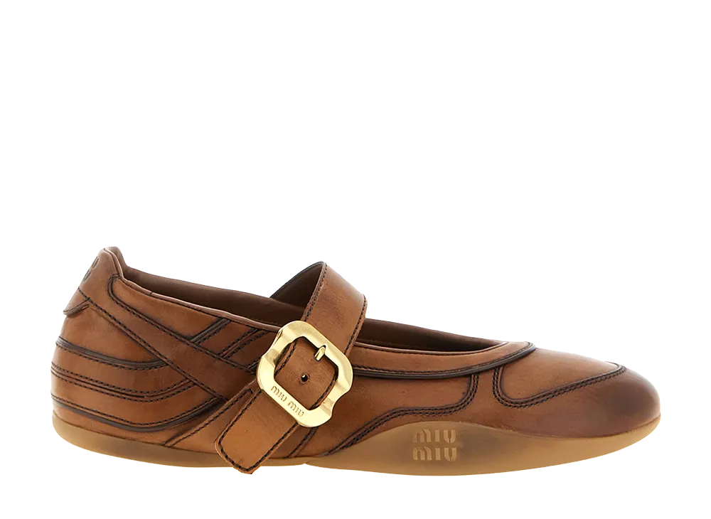 MIU MIU Women's Gymnasium Leather Ballerinas with Strap and Buckle "Cognac"