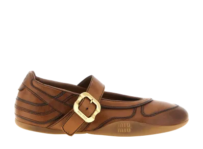 MIU MIU Women's Gymnasium Leather Ballerinas with Strap and Buckle "Cognac"