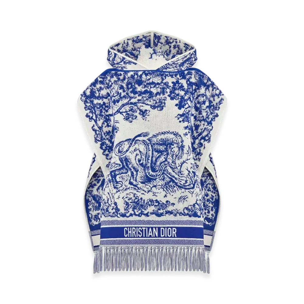 Dior Women's Toile De Jouy Sauvage Hooded Poncho Cotton "Ivory/Fluorescent Blue"