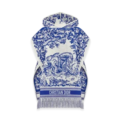 Dior Women's Toile De Jouy Sauvage Hooded Poncho Cotton "Ivory/Fluorescent Blue"