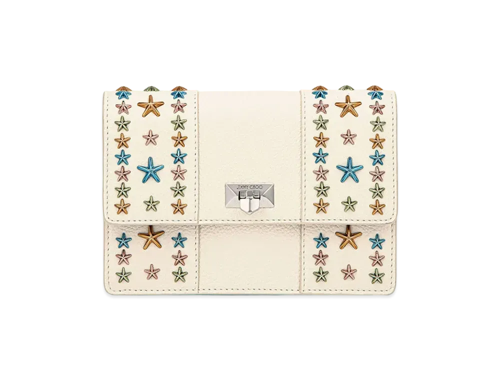 Jimmy Choo Pyxis Clutch Soft Grainy Calf Leather Clutch Bag With Star Studs "Multicolour/Latte"