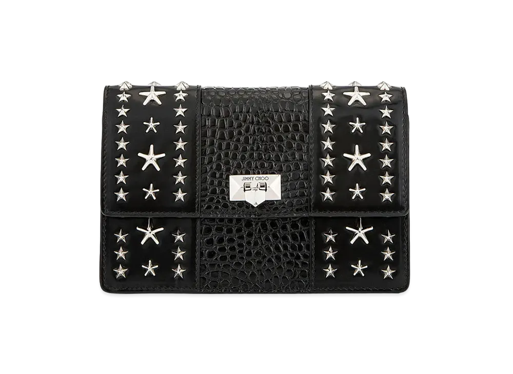 Jimmy Choo Pyxis Clutch Spazzolato Leather And Croco Embossed Leather Clutch Bag With Star Studs "Silver/Black"