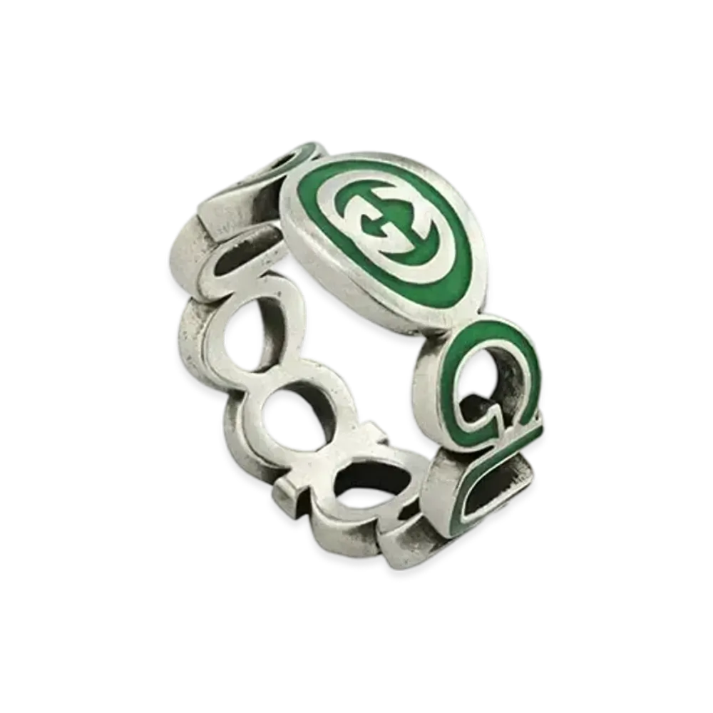 GUCCI Interlocking G Enameled Ring Enamel "Green/Silver"