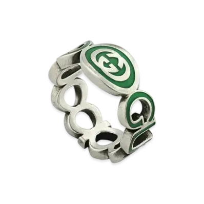 GUCCI Interlocking G Enameled Ring Enamel "Green/Silver"
