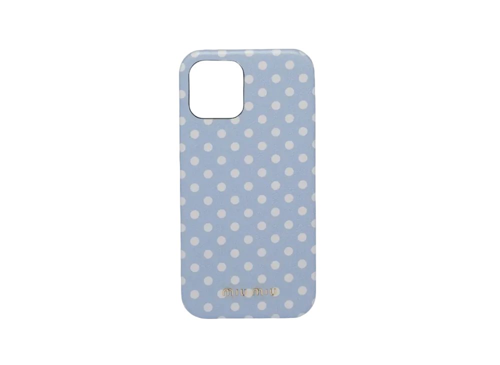 MIU MIU Madras Leather iPhone 12,12 Pro Cover "Sky Blue/White"
