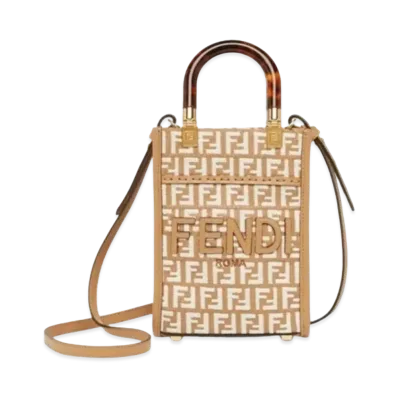 FENDI Sunshine Shopper Raffia Mini Bag Tapestry Fabric FF Motif "White"