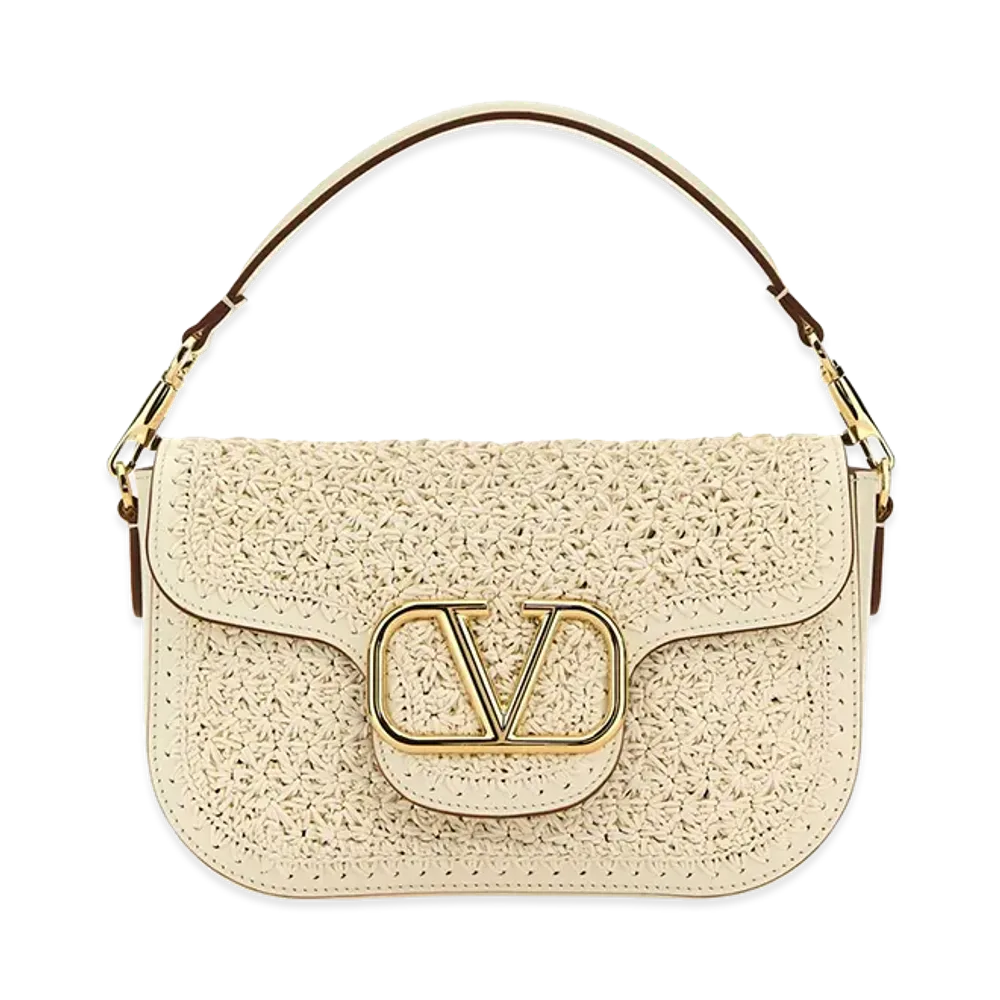 Valentino Women's Raffia And Leather Vlogo Handbag "Ivory/White"