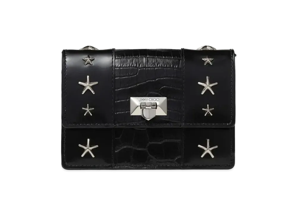 Jimmy Choo Pyxis Clutch Mini Spazzolate Leather And Croc-Embossed Leather Clutch Bag With Star Studs "Black"