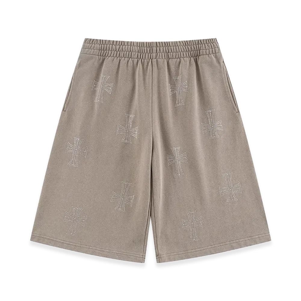 Unknown London Outline Cross Rhinestone Baggy Sweat Shorts "Beige"