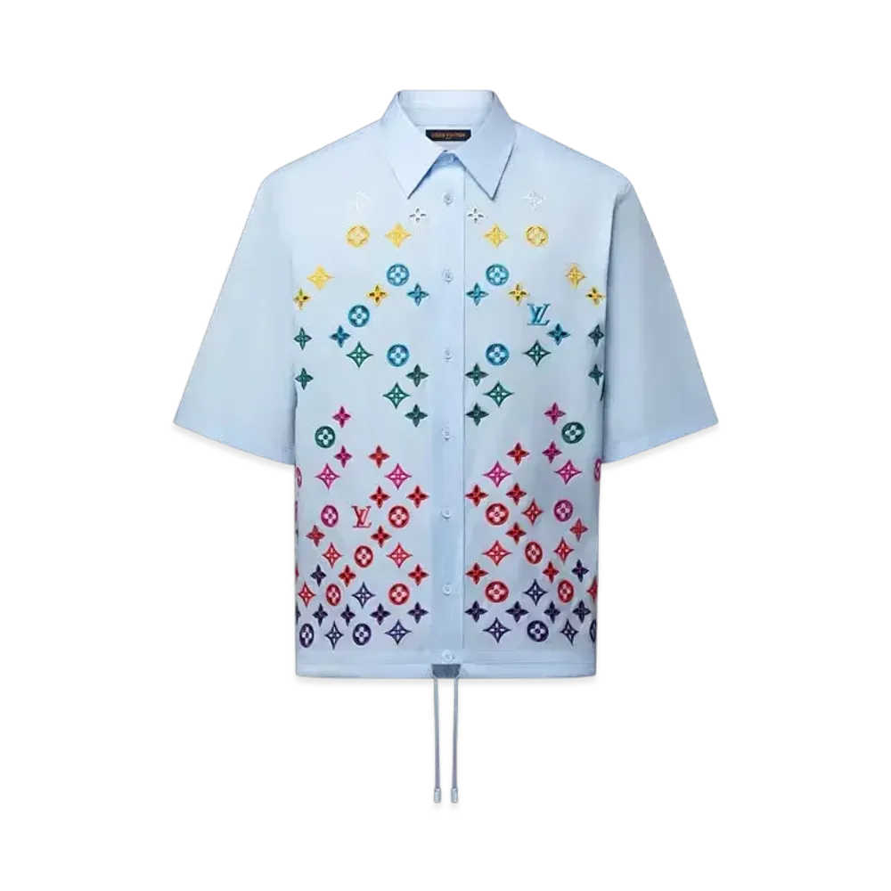 Louis Vuitton Men's Monogram Flowers Embroidered Short-Sleeved Shirt "Sky Blue"