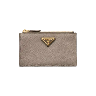 PRADA Saffiano Triangle Card Case "Clay Grey"