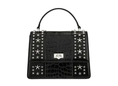 Jimmy Choo Pyxis Tophandle Spazzolato Leather And Croco Embossed Leather Top Handle Bag With Star Studs "Silver/Black"