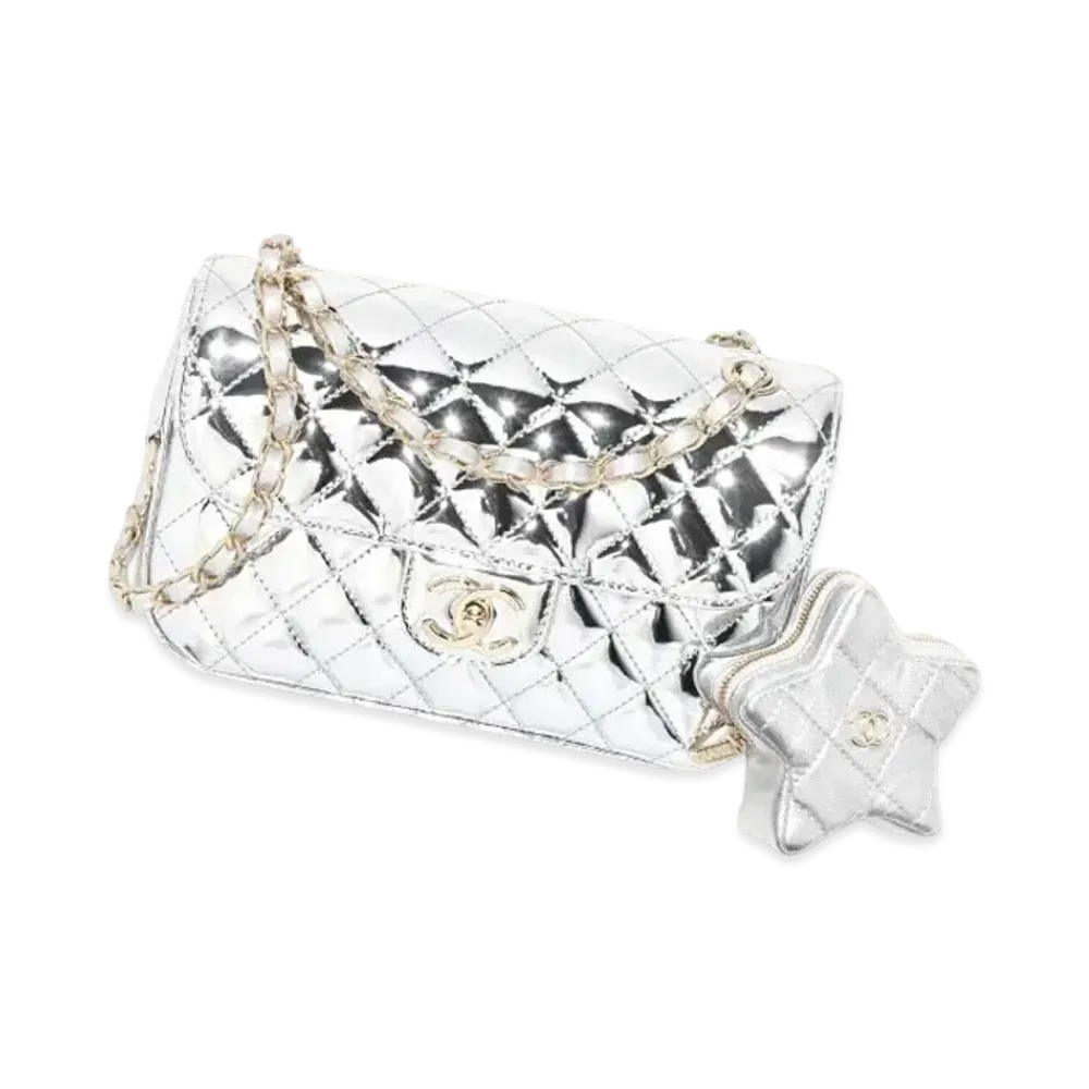 CHANEL Flap Bag & Star Coin Purse Mirror Calfskin Metallic Calfskin & Gold Tone Metal "Silver"
