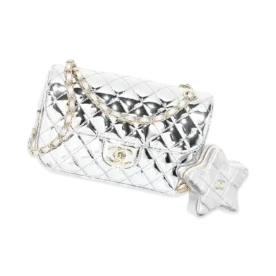 CHANEL Flap Bag & Star Coin Purse Mirror Calfskin Metallic Calfskin & Gold Tone Metal "Silver"