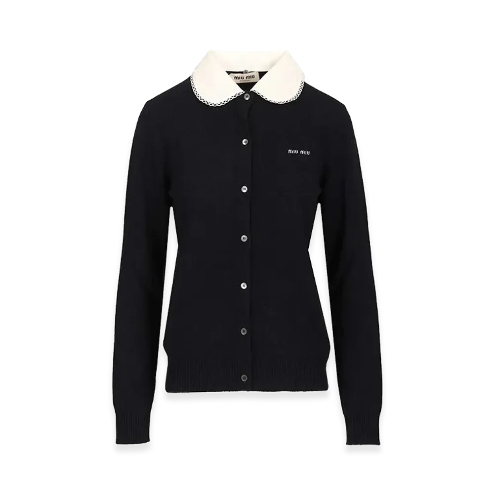 MIU MIU Women's Cashmere+Popeline Collar Cardigan "Blue"