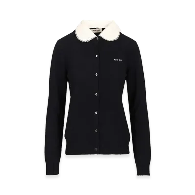 MIU MIU Women's Cashmere+Popeline Collar Cardigan "Blue"