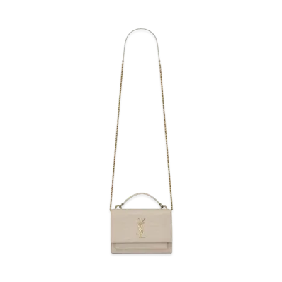 Saint Laurent Sunset Chain Wallet In Crocodile-Embossed Shiny Leather "Vintage White"