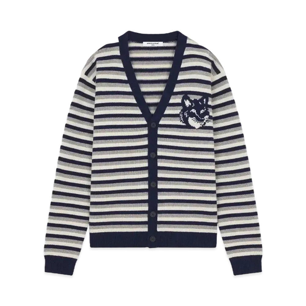 Maison Kitsune Fox Head Intarsia Stripe Comfort Cardigan "Navy/White"