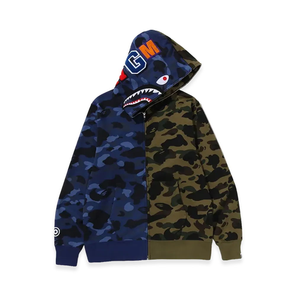 A BATHING APE Split Camo Shark Full Zip Hoodie "Navy"