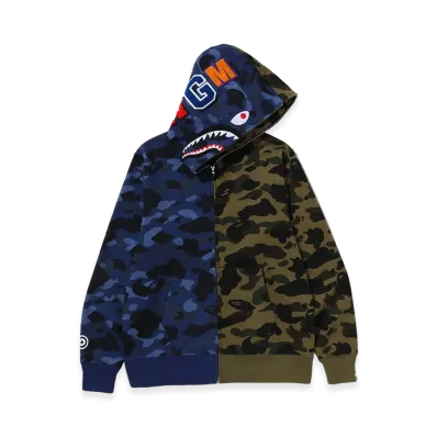 A BATHING APE Split Camo Shark Full Zip Hoodie "Navy"