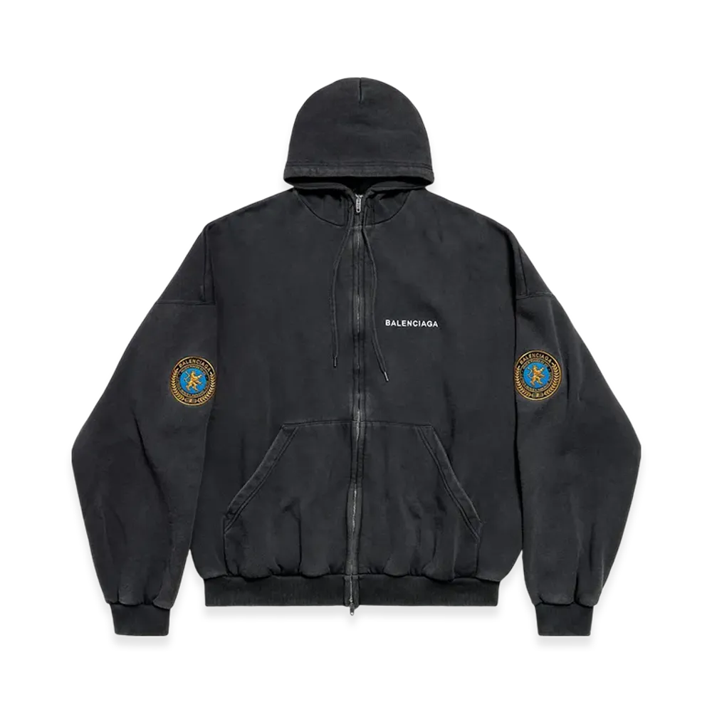 BALENCIAGA Men's Uniform Patch Zip-Up Hoodie Large Fit "Fade Black"