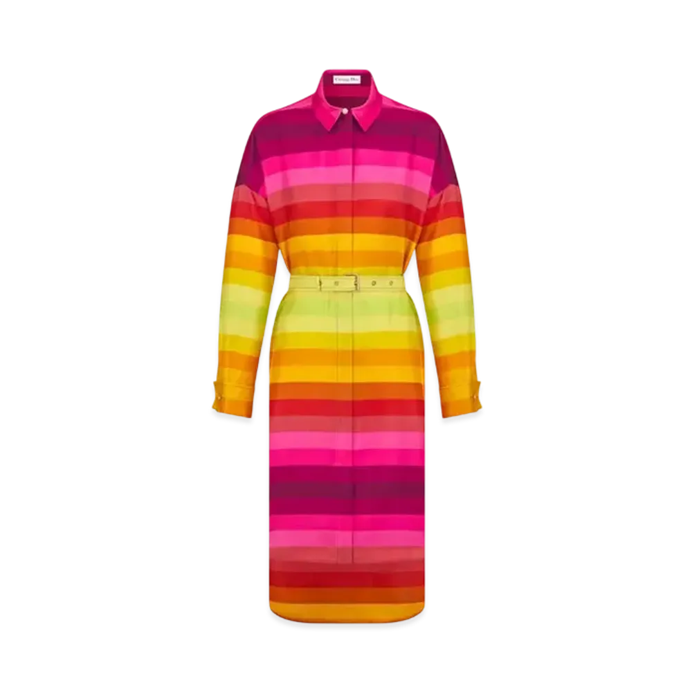 Dior Miss Dior Belted Shirtdress Multicolor Silk Twill with Dior Bayadere Motif "Colorful"