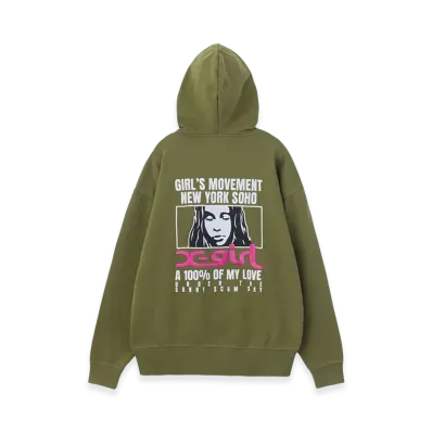 X-Girl Women's Face Box And Message Zip Up Sweat Hoodie "Olive"