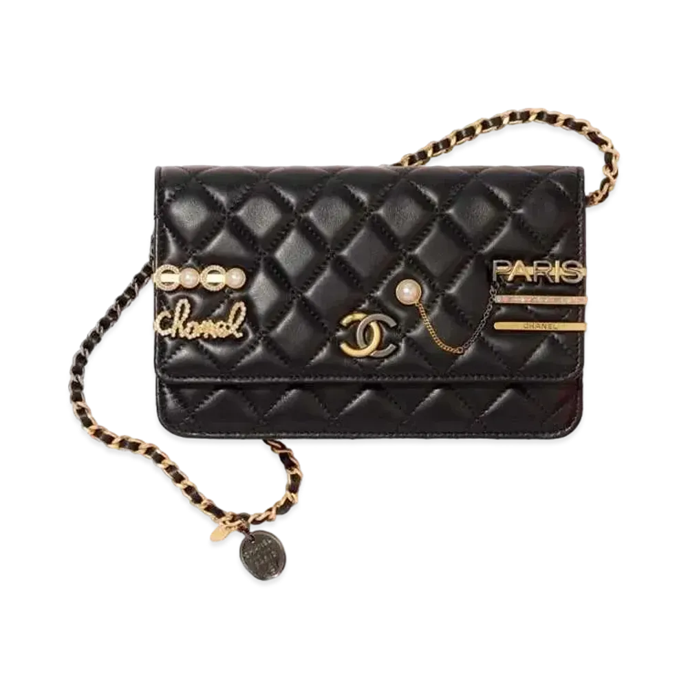 CHANEL Chain Wallet Lambskin Costume Pearl & Stras "Black"