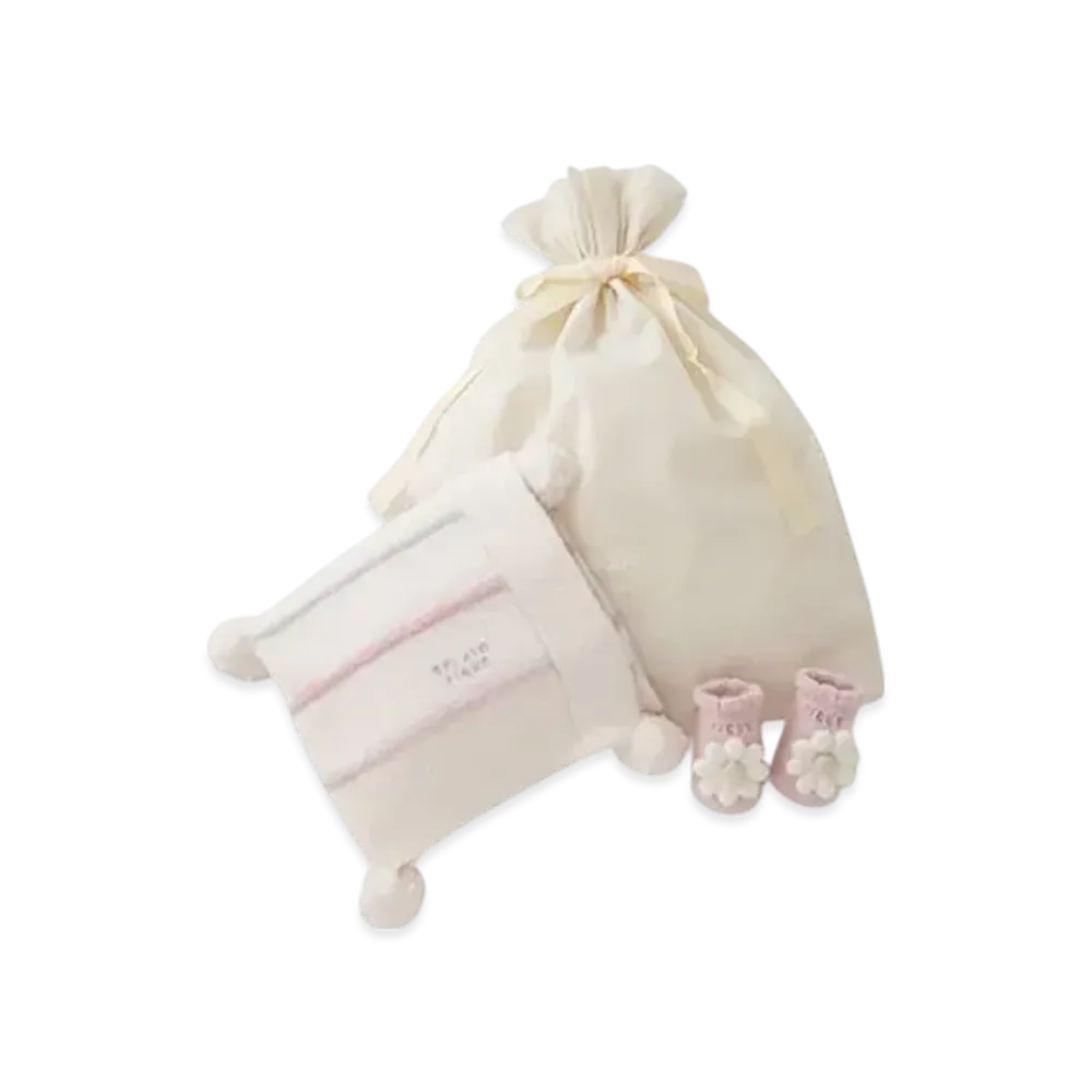 GELATO PIQUE Baby Smoothie Colorful Border Blanket & Daisy Socks Set "Pink"