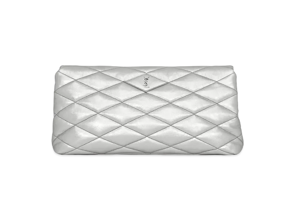 Saint Laurent Sade Puffer Envelope Clutch In Crinkled Lame Leather "Silver"
