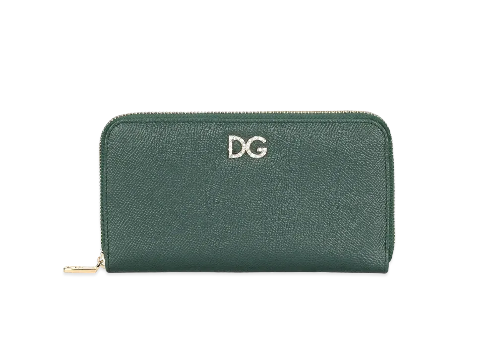 Dolce&Gabbana Zip Around Wallet Dauphine Calfskin DG Rhinestone "Green"