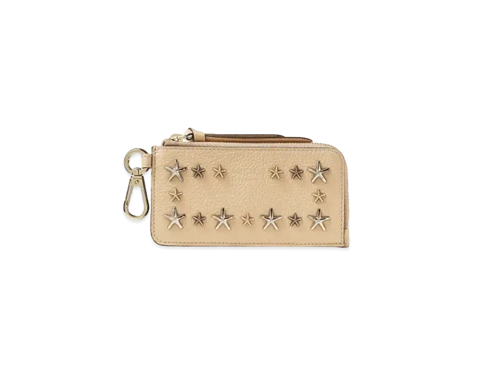 JIMMY CHOO LISE-Z Soft Grainy Calf Leather Card Case With Star Studs "Barley"