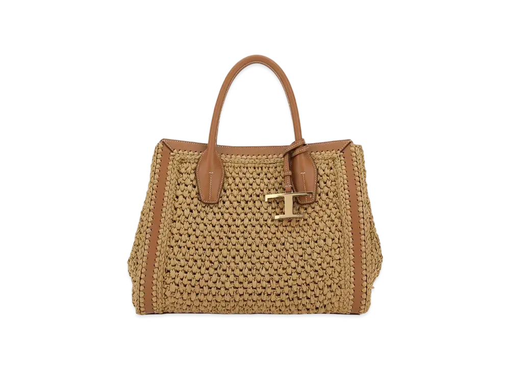 TOD'S Timeles Lafia & Leather Shopping Bag Small "Beige/Brown"