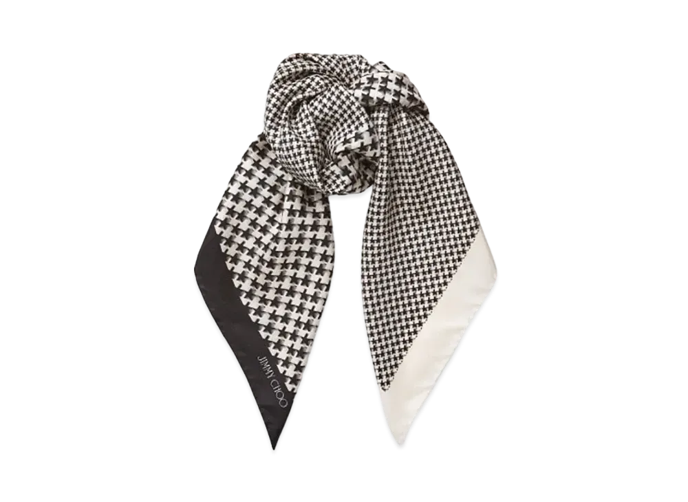Jimmy Choo RITA Star Houndstooth Printed Silk-Twill Scarf "Black/White"