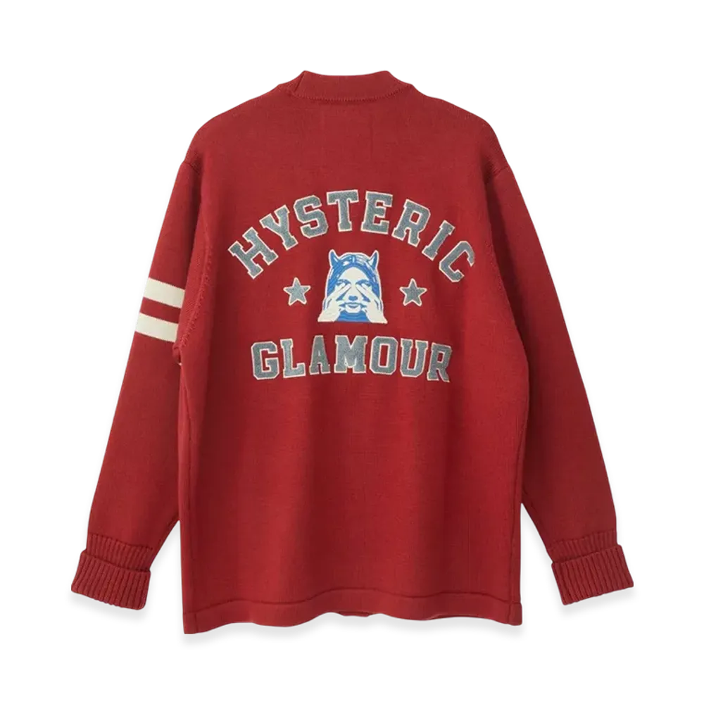HYSTERIC GLAMOUR See No Evil Embroidered Lettered Cardigan "Red"
