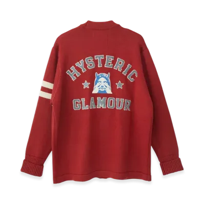 HYSTERIC GLAMOUR See No Evil Embroidered Lettered Cardigan "Red"