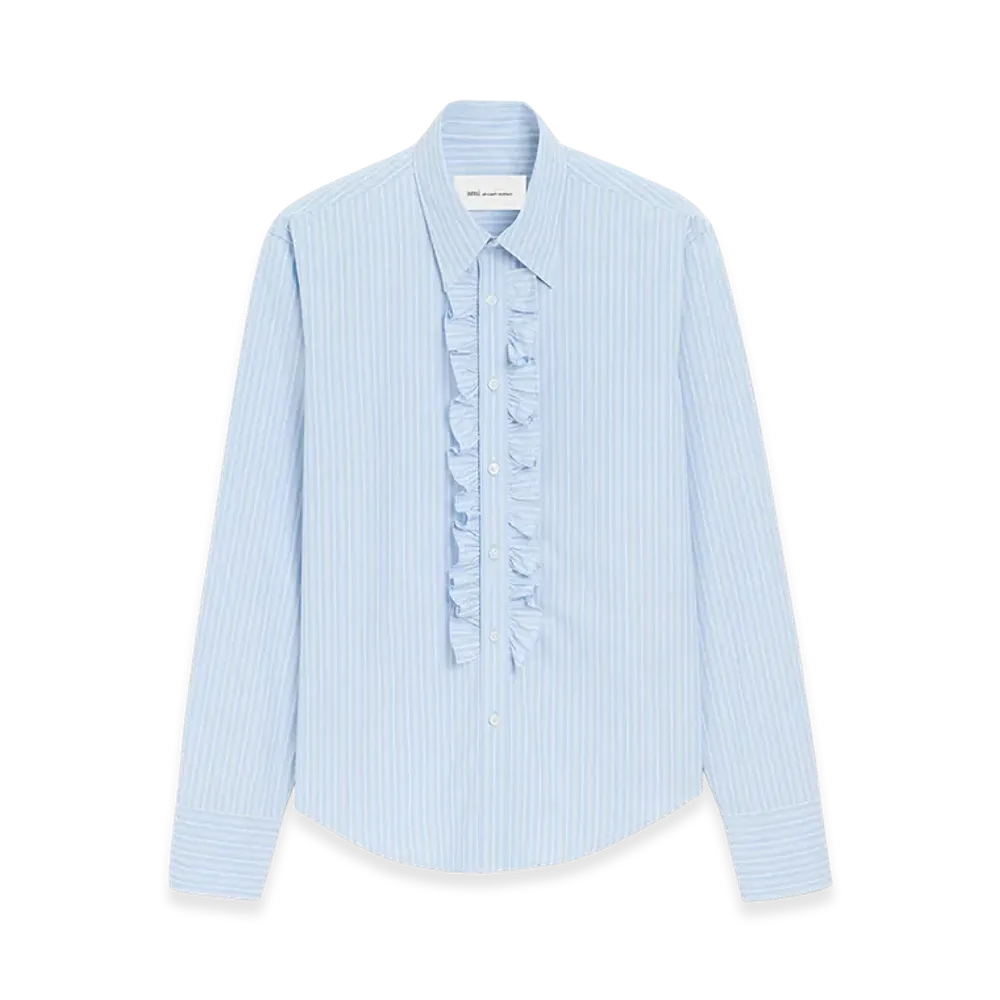 AMI PARIS Cotton Long Sleeve Ruffled Adjusted Shirt "Blue"