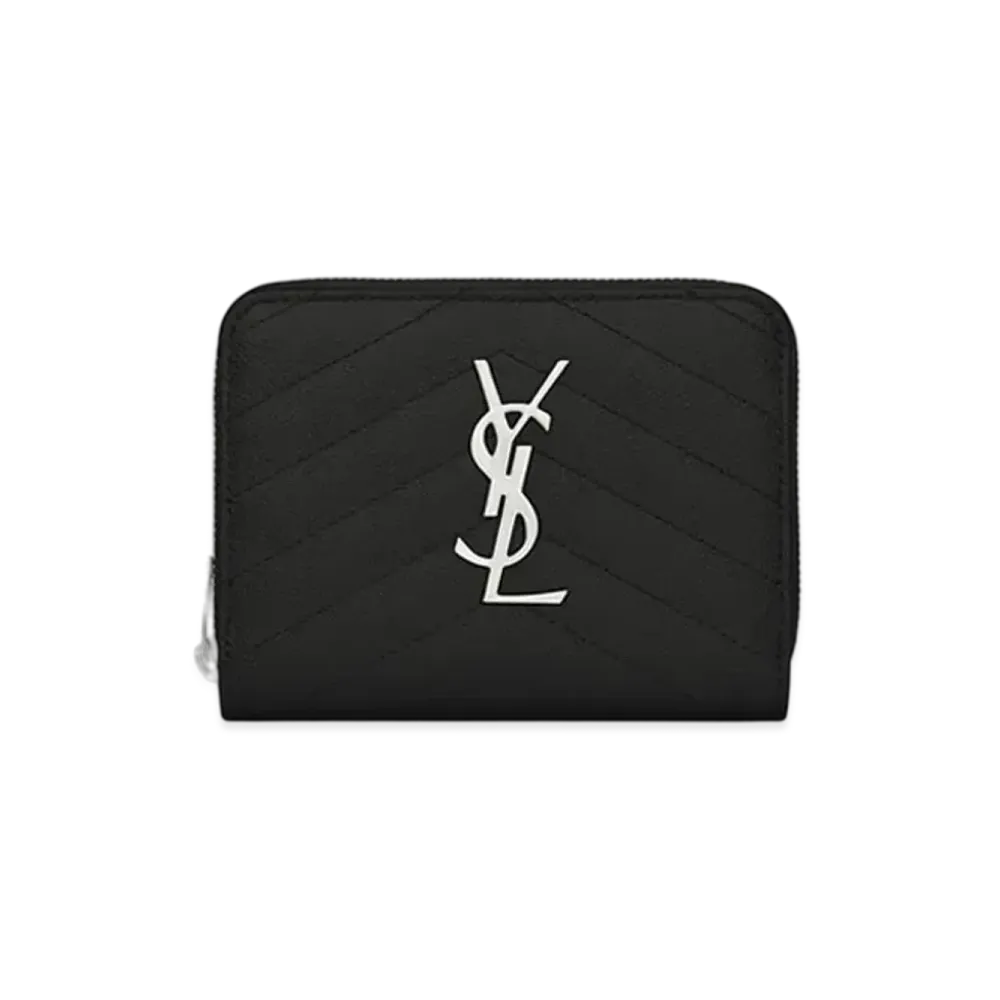 Saint Laurent Monogram Compact Zip Around Wallet In Grain De Poudre Embossed Leather "Black"