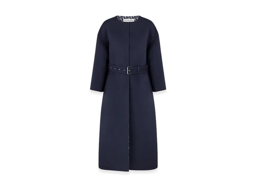 Dior Women's Coat with Belt Double Sided Virgin Wool Oblique Interior "Navy Blue"