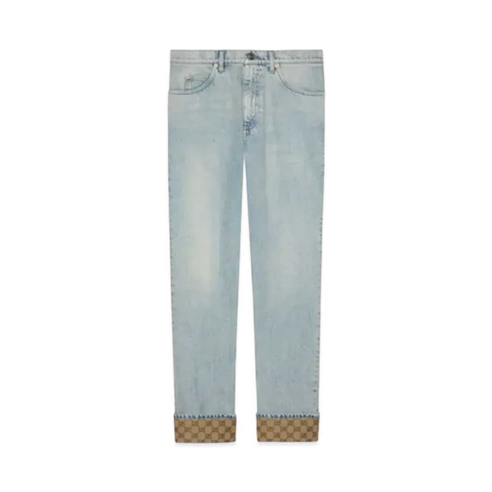 GUCCI Washed Denim Trousers With GG Turn Ups "Light Blue"