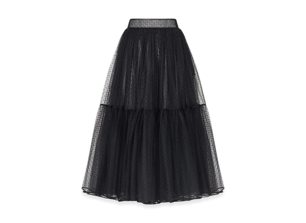 Dior Women's Flared Mid-Length Skirt Dotted Embroidery Tulle "Black"