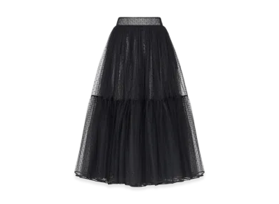 Dior Women's Flared Mid-Length Skirt Dotted Embroidery Tulle "Black"