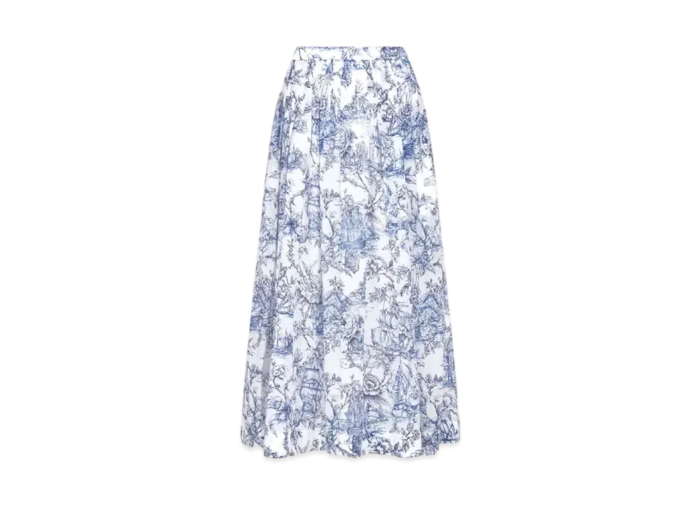 Dior Women's Toile De Jouy Vessel Motif Cotton Voile Flared Mid Length Skirt "Blue/White"