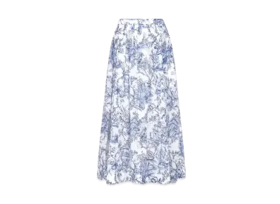 Dior Women's Toile De Jouy Vessel Motif Cotton Voile Flared Mid Length Skirt "Blue/White"