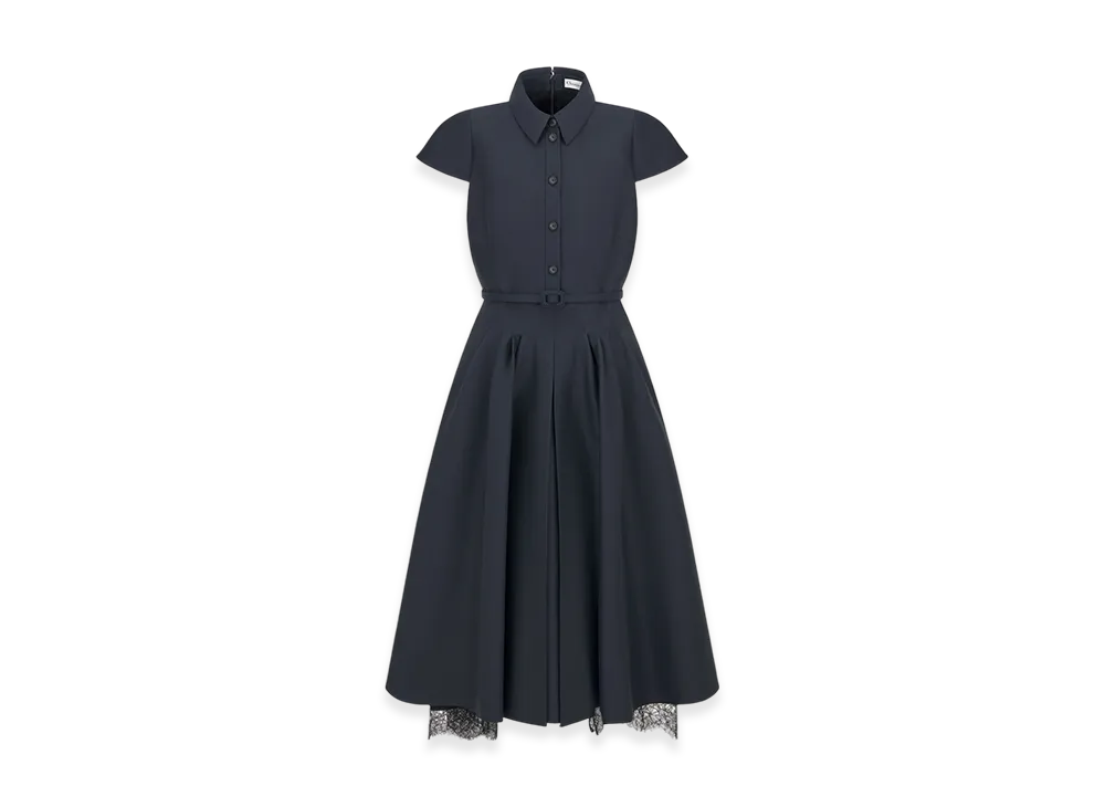 Dior Women's Mid-Length Shirt Dress Wool Silk Shantung "Navy Blue"