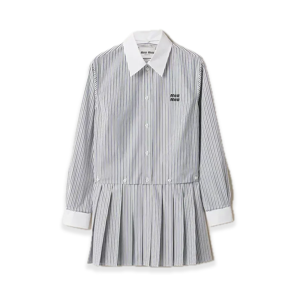 MIU MIU Pleated Stripe Poplin Minidress "White/Navy"
