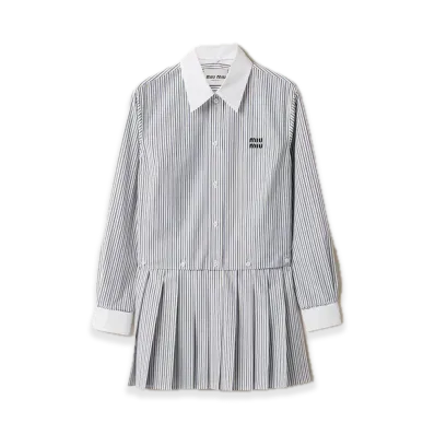 MIU MIU Pleated Stripe Poplin Minidress "White/Navy"