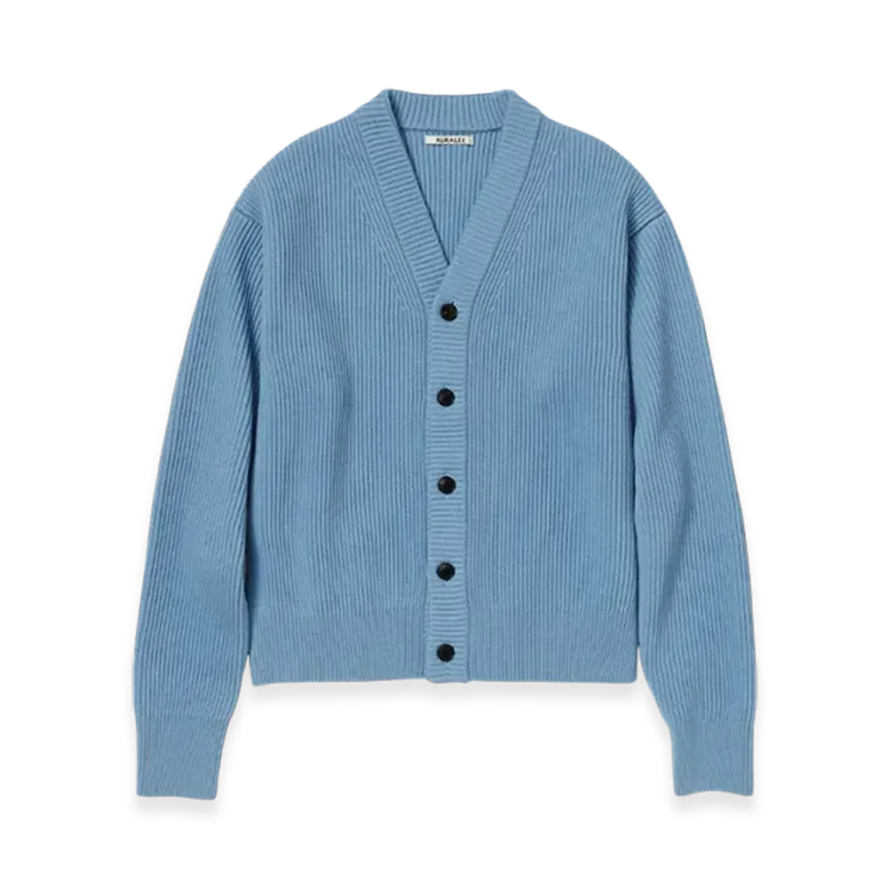 AURALEE French Merino Rib Knit Cardigan "Light Blue"