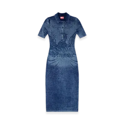 Diesel M-Fenny-Drs Polo Midi Dress In Denim-Effect Knit "Medium Blue"