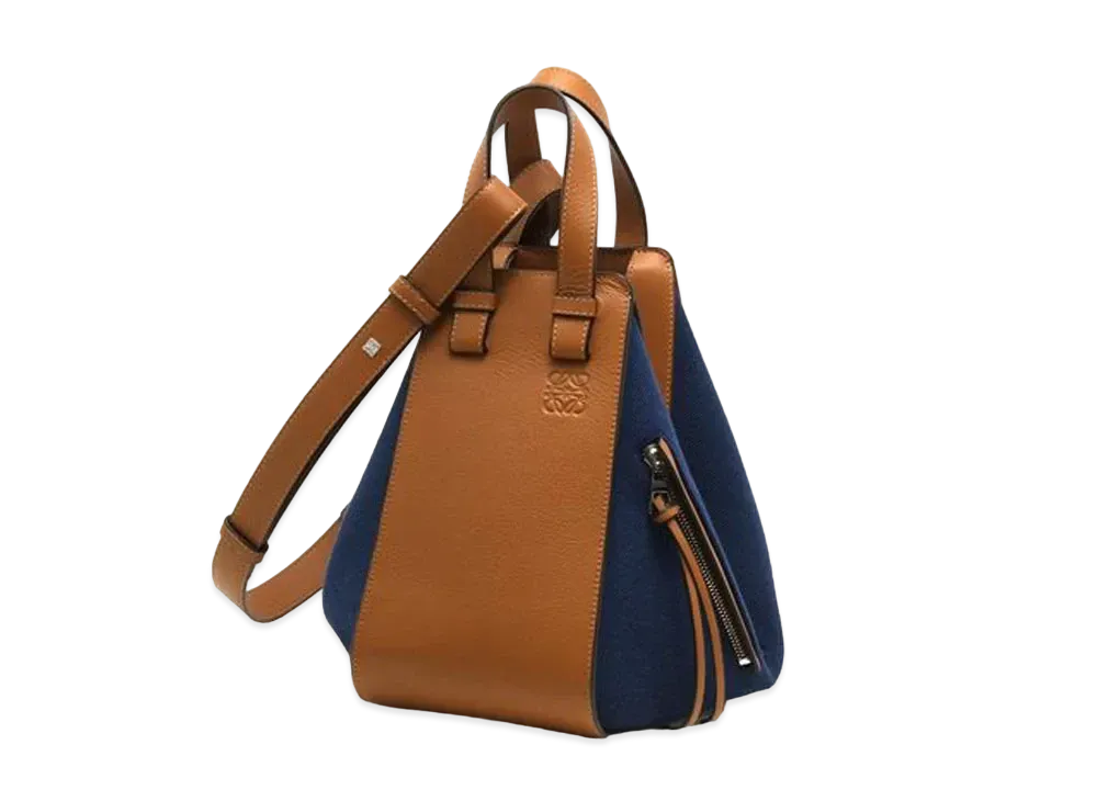 LOEWE Small Hammock Bag In Canvas And Calfskin "Tan / Navy Blue"